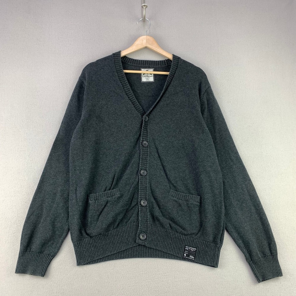 Express Cardigan Sweater Mens L Gray Casual V-Neck Button Front Pockets Cotton